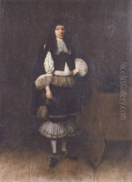 Portrait Of A Gentleman In Black Costume With A White Chemise, Cuffs And Collar, By A Table With A Hat Oil Painting by Gerard ter Borch the Younger