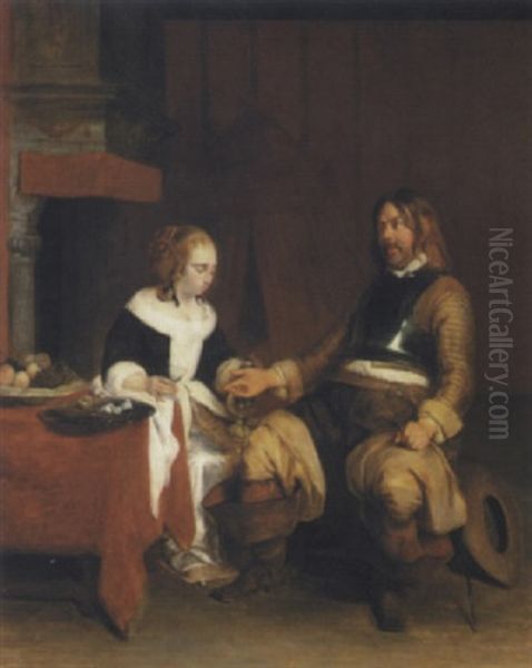 A Soldier Offering A Young Woman Coins Oil Painting by Gerard ter Borch the Younger