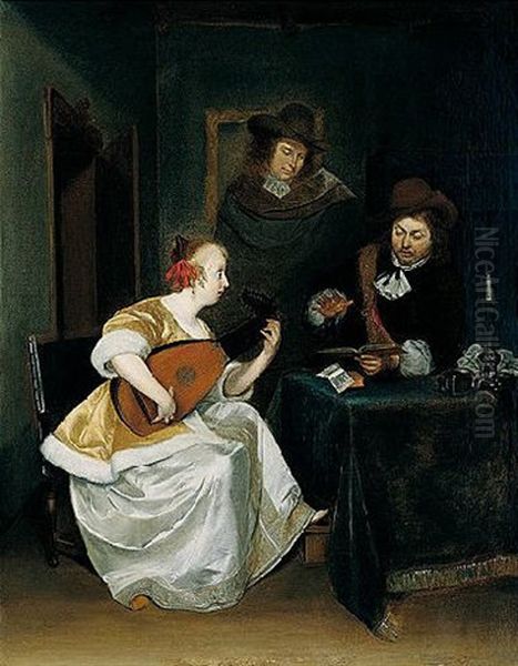 An Interior With Two Gentlemen And A Lady Playing A Lute Oil Painting by Gerard ter Borch the Younger