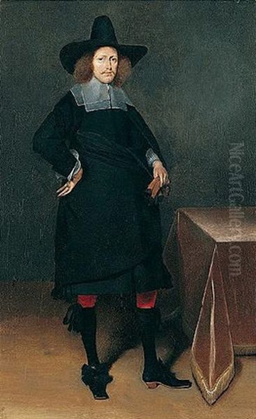 A Portrait Of A Gentleman Wearing A Black Suit And Hat With A White Collar And Cuffs And Holding Gloves, Near A Draped Table Oil Painting by Gerard ter Borch the Younger