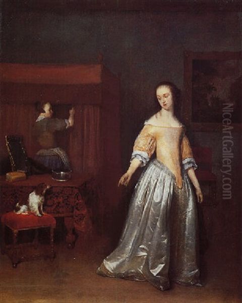 An Elegant Lady By A Table In An Interior, Pointing Towards Her Pet Dog Oil Painting by Gerard ter Borch the Younger