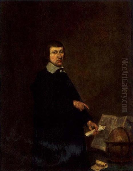 A Portrait Of A Man, Standing, Wearing A Black Coat And White Lace Collar, Pointing To A Table Laid With A Book And A Globe Oil Painting by Gerard ter Borch the Younger