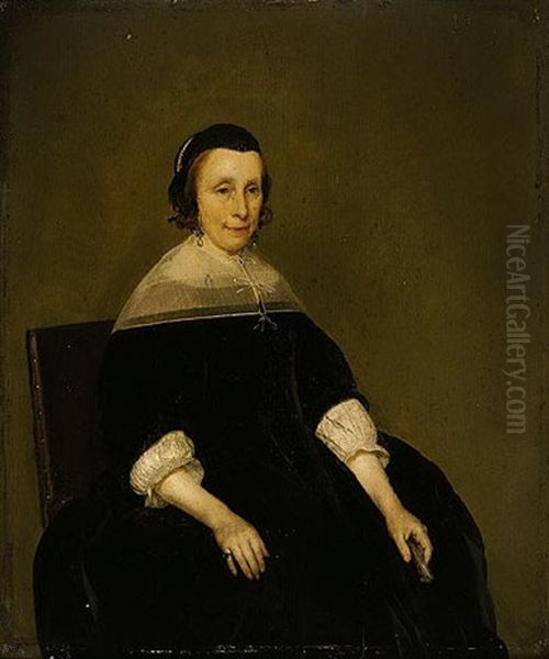 Portrait Of A Lady Wearing Black And Holding A Tortoise Shell Fan In Her Left Hand Oil Painting by Gerard ter Borch the Younger