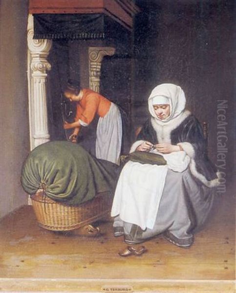 Woman Seated Sewing By A Candle Oil Painting by Gerard ter Borch the Younger