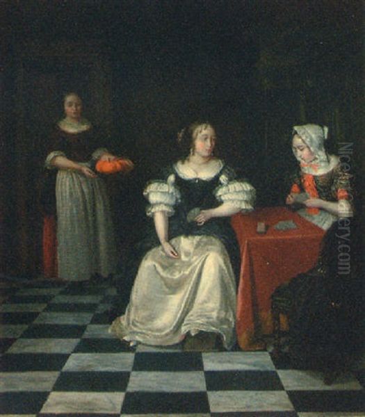 A Lady And Her Chaperone Playing Cards In An Interior Oil Painting by Gerard ter Borch the Younger