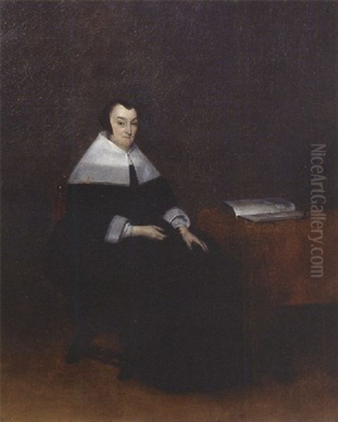 Portrait Of An Elderly Woman Seated By A Table Wearing A Black Dress With Lace Collar And Cuffs And A Bonnet Oil Painting by Gerard ter Borch the Younger