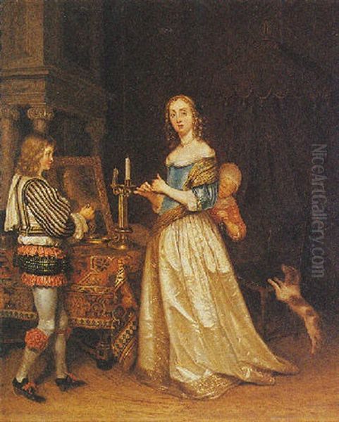 A Lady Getting Dressed In An Interior With A Page Bringing Water by Gerard ter Borch the Younger