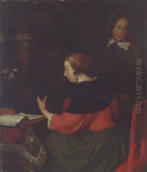 A Lady Making Music With A Youth In An Interior Oil Painting by Gerard ter Borch the Younger