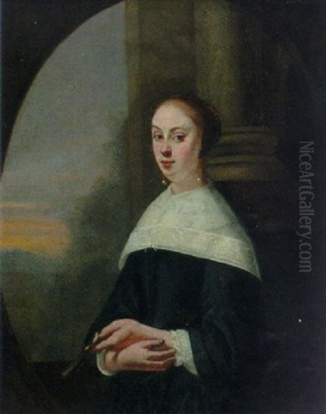 Portrait Of A Lady In A Black Dress And A Lawn Collar Holding A Fan Oil Painting by Gerard ter Borch the Younger