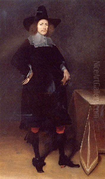 A Portrait Of A Gentleman Wearing A Black Suit And Hat With White Collar And Cuffs And Holding Gloves, Near A Draped Table by Gerard ter Borch the Younger