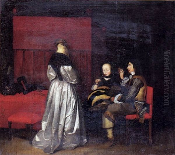 Interior Med Tre Personer I Samtale Oil Painting by Gerard ter Borch the Younger