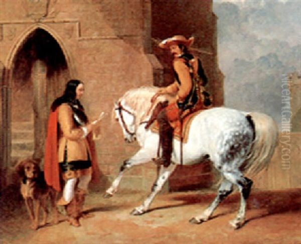 A Courier On Horseback Before The Lord Of A Castle Oil Painting by Gerard ter Borch the Younger