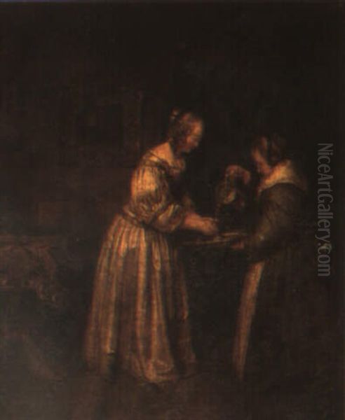 A Lady In An Interior Washing Her Hands In A Bowl Held By Her Maid Oil Painting by Gerard ter Borch the Younger