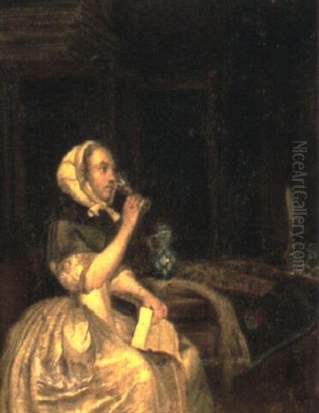 A Lady Drinking At A Table Oil Painting by Gerard ter Borch the Younger