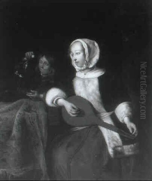 A Young Lady Tuning A Lute At A Table With A Young Boy      Feeding A Dog, In An Interior Oil Painting by Gerard ter Borch the Younger