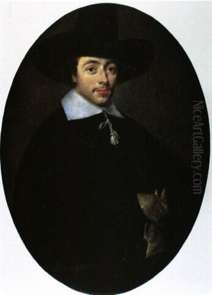 Portrait Of A Young Man Holding A Glove And Wearing A High Black Hat Oil Painting by Gerard ter Borch the Younger