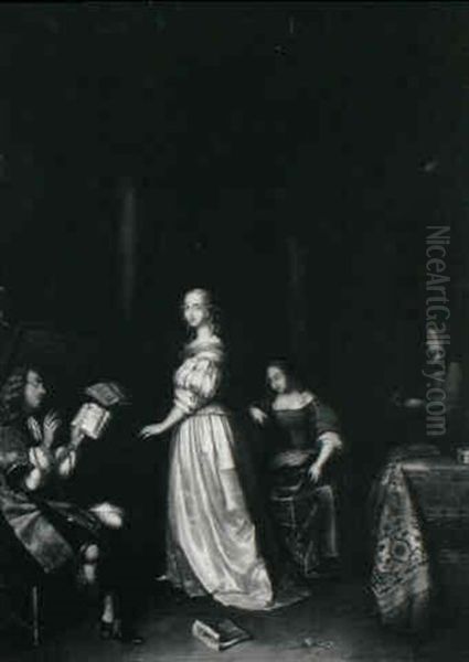 A Lady Playing A Virginal With A Man Singing In An Interior Oil Painting by Gerard ter Borch the Younger