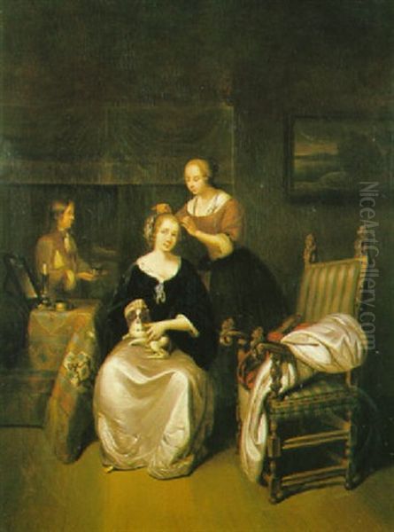 A Lady With Her Maid And Serving Boy In Her Bedchamber Oil Painting by Gerard ter Borch the Younger