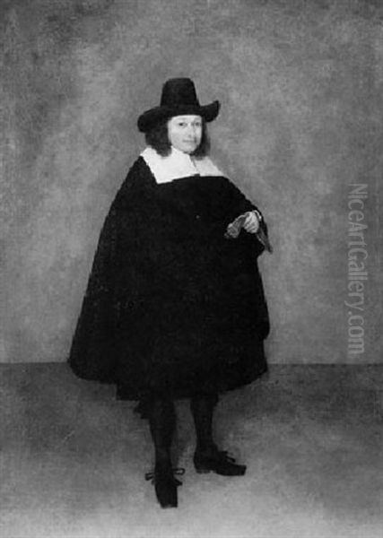 A Portrait Of A Gentleman Standing Full Length, Turned To   The Right Wearing A Black Cloak And Linen Collar... Oil Painting by Gerard ter Borch the Younger