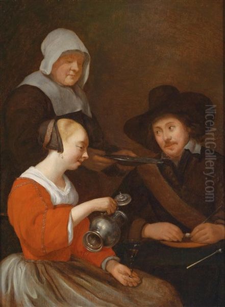 Interieur Mit Einer Jungen Frau, Die Ihr Glas Fullt, Dahinter Ein Soldat Und Eine Dienstmagd Oil Painting by Gesina Ter Borch