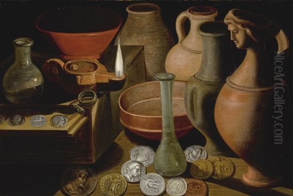 Ancient Coins, Glasswear And Pots On A Table-top With An Oil Lamp Oil Painting by Hendrik van der Borcht the Elder