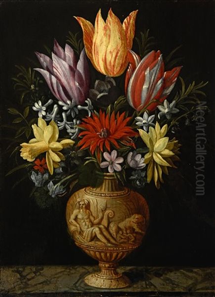 Flowers In A Vase On A Marble Plinth Oil Painting by Hendrik van der Borcht the Elder