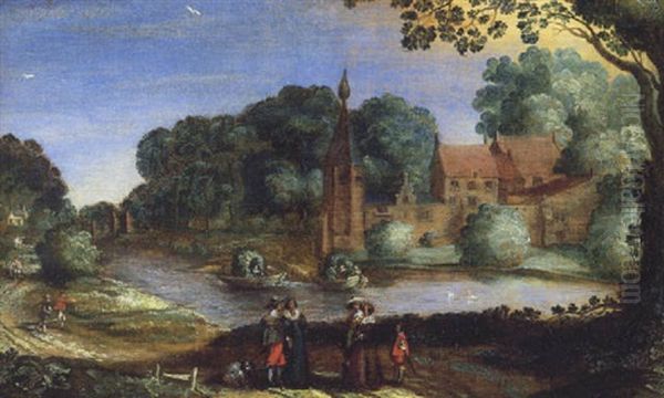 Fluslandschaft Mit Einer Vornehmen Gesellschaft, Im Hintergrund Ein Schlos Oil Painting by Hendrik van der Borcht the Elder