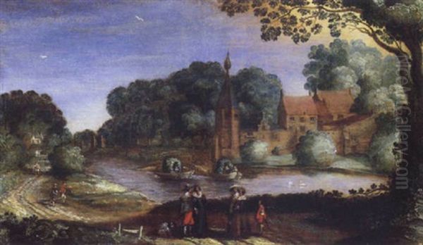 Fluslandschaft Mit Einer Vornehmen Gesellschaft, Im Hintergrund Ein Schlos Oil Painting by Hendrik van der Borcht the Elder