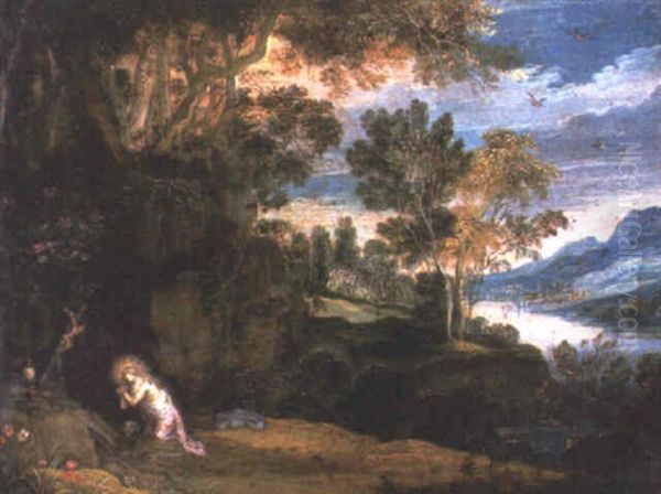 An Extensive Landscape With The Penitent Magdalen Oil Painting by Hendrik van der Borcht the Elder