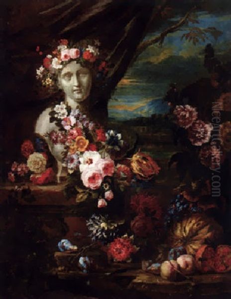 A Bust On A Pedestal Adorned With Garlands Of Flowers With Fruit And Other Flowers In A Landscape Oil Painting by Jacob Van Der Borcht