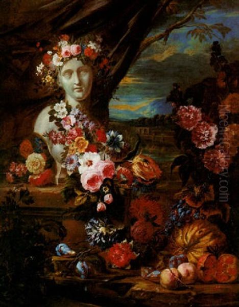 A Sculpted Bust Decorated With A Garland Of Flowers, With Fruits And Flowers In A Landscape Oil Painting by Jacob Van Der Borcht