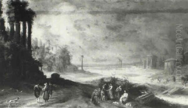 Extensive Landscape With Travellers Resting On A Track Oil Painting by Peter van der Borcht