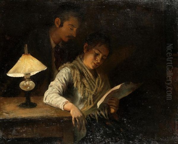 Sharing Lamplight Oil Painting by Noe Bordignon