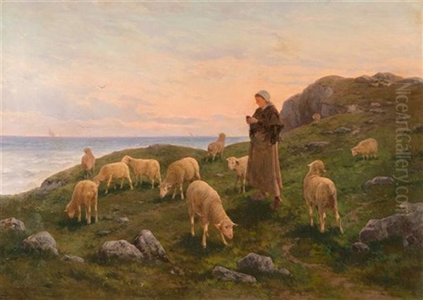 Shepherdess With Her Sheep Oil Painting by Noe Bordignon