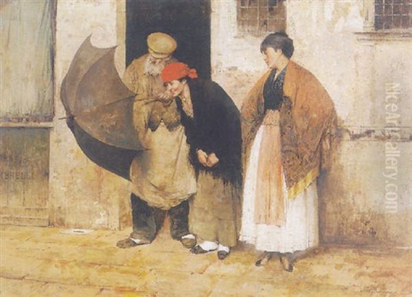 Repairing The Umbrella Oil Painting by Noe Bordignon