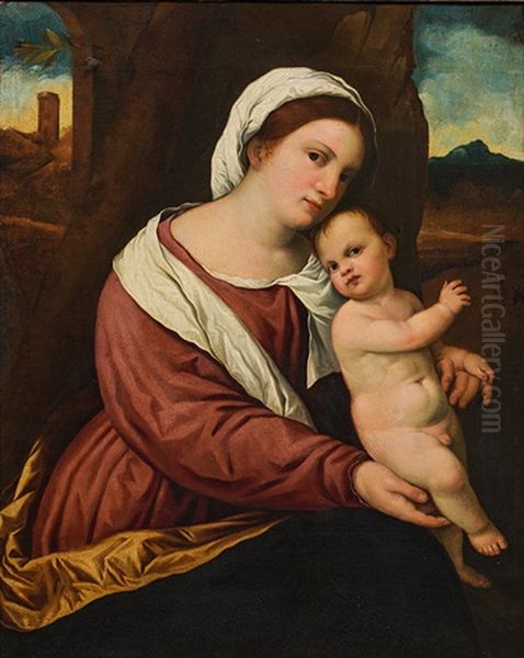 Madonna With Child In Landscape (paris Bordone And Studio) Oil Painting by Paris Bordone