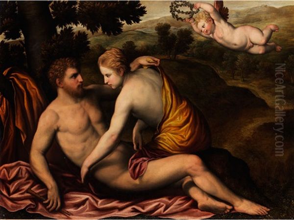 Liebespaar Mit Landschaft (daphnis Und Chloe Mit Cupido) by Paris Bordone