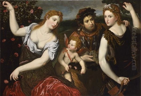 Venus, Cupid, Bacchus And Diana Oil Painting by Paris Bordone