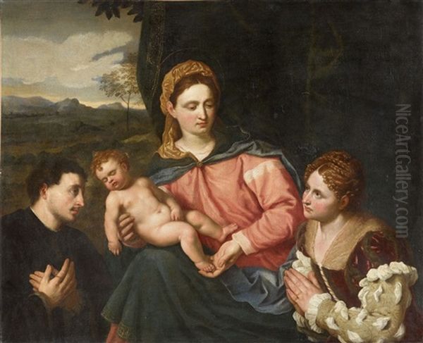 Madonna With Child And Donors Oil Painting by Paris Bordone