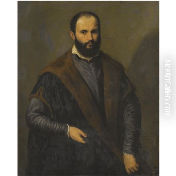 Portrait Of A Bearded Man Wearing A Black Fur-lined Coat, Holding A Cap In His Right Hand Oil Painting by Paris Bordone