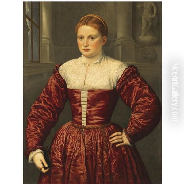 Portrait Of A Lady, Traditionally Believed To Be Of The Fugger Family, Standing Within A Palace Interior, Wearing A Crimson Satin Dress And Holding A Prayer-book In Her Right Hand Oil Painting by Paris Bordone