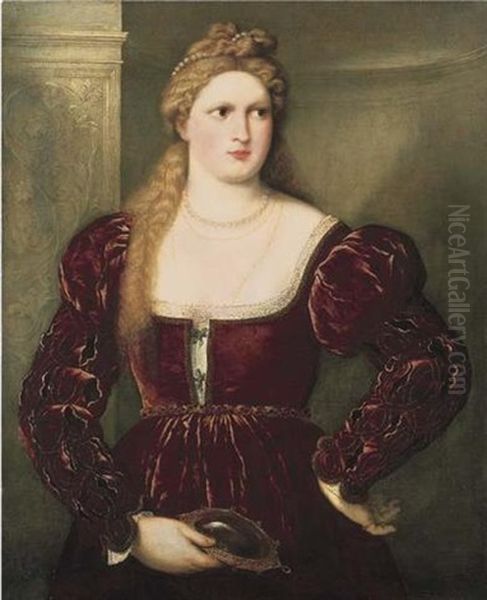 Violante: Portrait Of A Lady In A Red Velvet Dress, Holding A Mirror Oil Painting by Paris Bordone