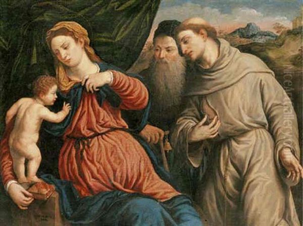 The Madonna And Child With Saints Anthony Abbot And Francis Oil Painting by Paris Bordone