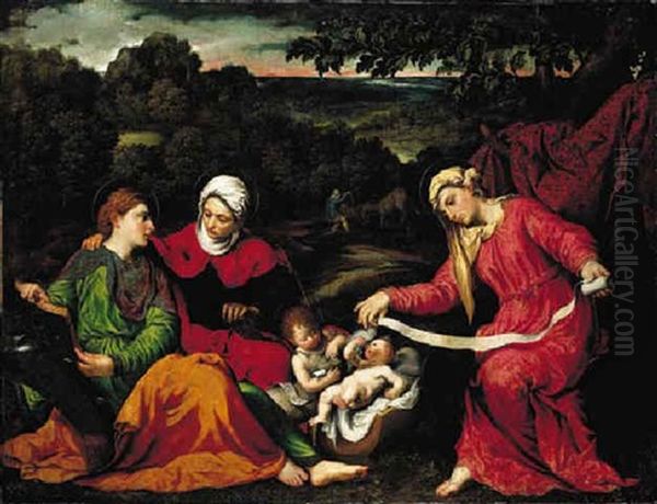 The Rest On The Flight Into Egypt With The Infant Saint John The Baptist, Saint Elizabeth And Saint Catherine by Paris Bordone