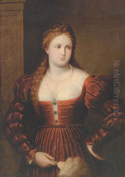 Portrait Of A Lady, Formerly Identified As Violante Della Vecchia, In A Red Dress Holding A Fan Oil Painting by Paris Bordone