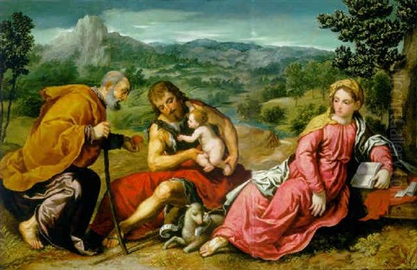 The Holy Family With Saint John The Baptist In A Landscape Oil Painting by Paris Bordone