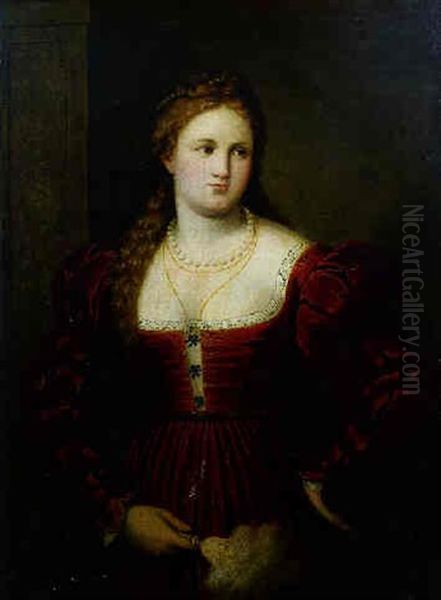 Portrait Of A Woman In Red Holding A Fan Oil Painting by Paris Bordone