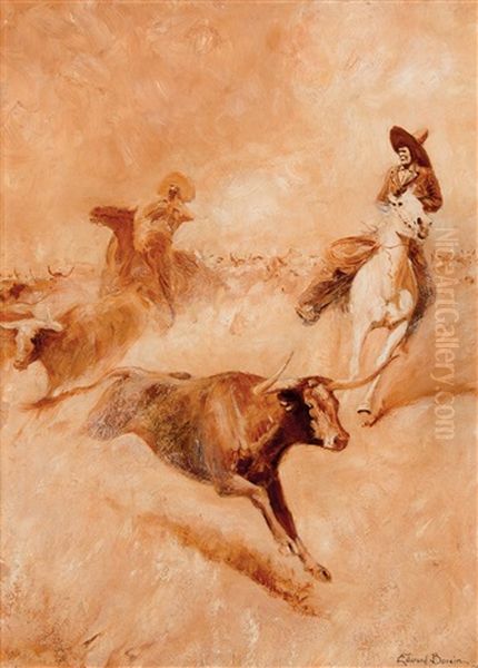 Stampede Oil Painting by Edward Borein