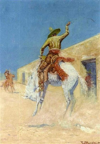 Mexican Gaucho On A Bucker Oil Painting by Edward Borein