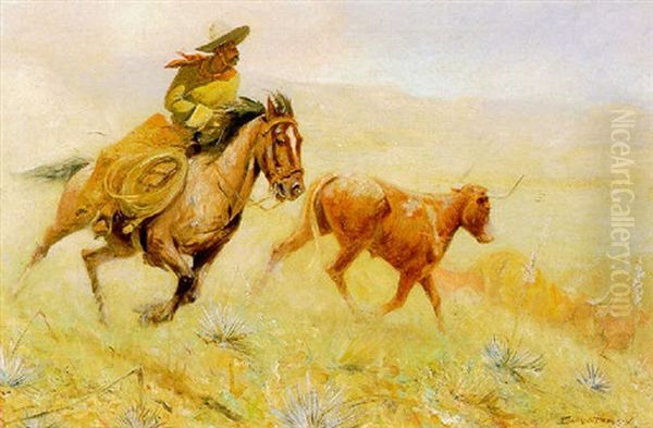 Cutting Back A Steer Oil Painting by Edward Borein